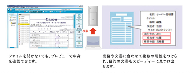 ファイルを開かなくても、プレビューで中身を確認できます。 業務や文書に合わせて複数の属性をつけられ、目的の文書をスピーディーに見つけ出せます。